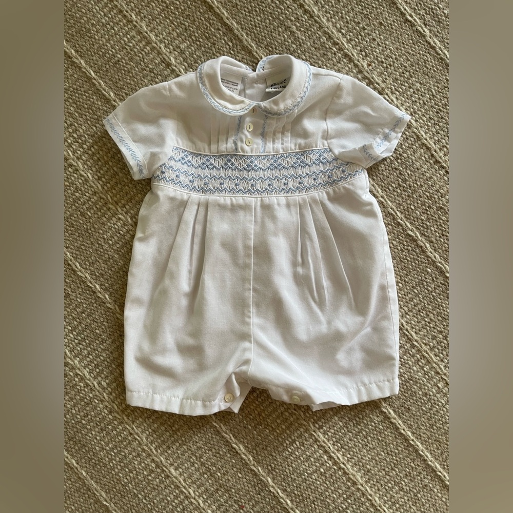 New Sarah Louise England White Baby Romper with Blue Embroidery Sz 3M